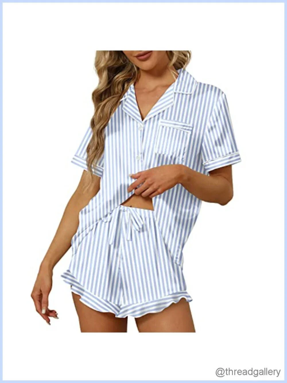 Satin Silk Pajama Set Ruffle Short Sleeve Button Down